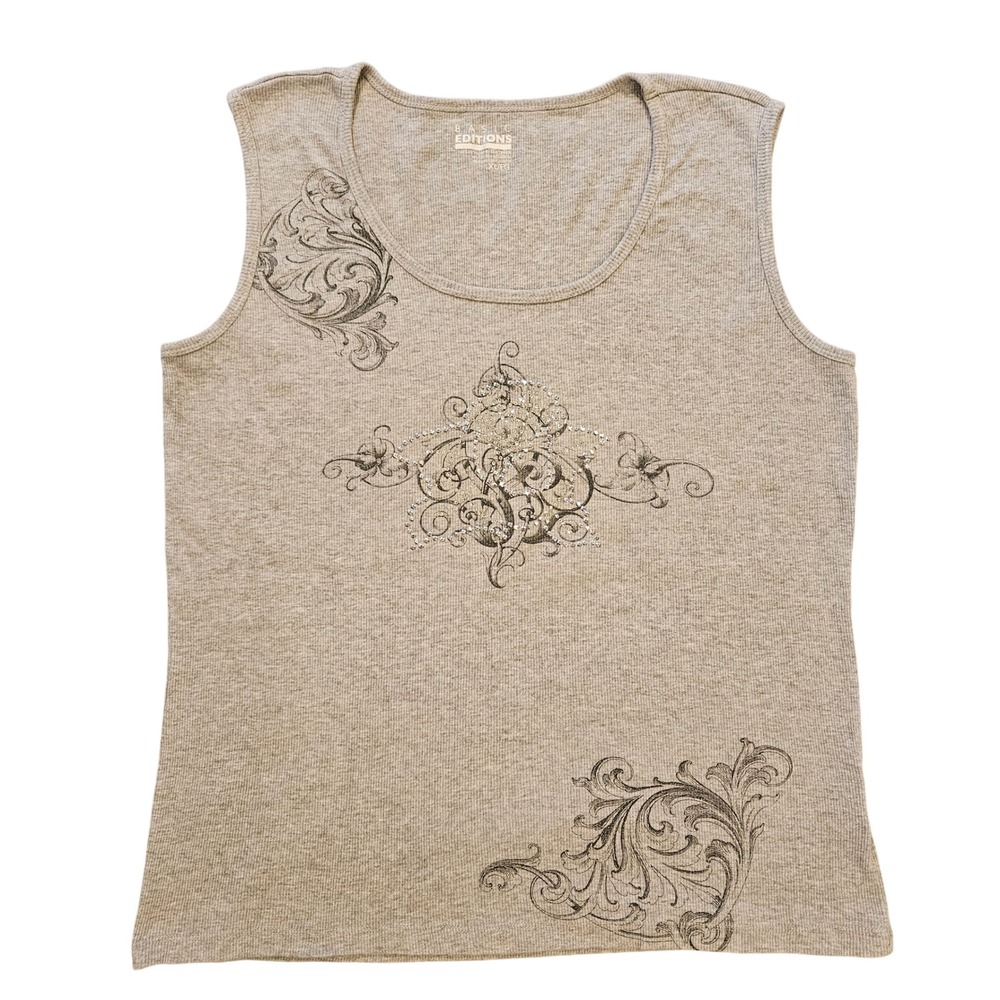 Basic Editions Gray Ribbed Tank Top Filigree Graphic Rhinestone XL Womens
